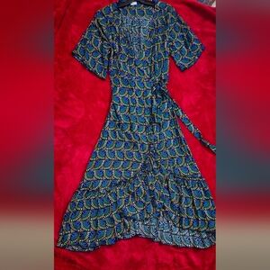 Silk & Salt Elegant Wrap Midi Dress In Peacock Inspired Colors -Size Medium